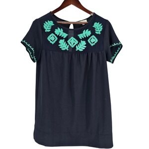 Umgee Tunic Top Medium Embroidered Short Sleeve Navy Blue Casual Blouse Nautical